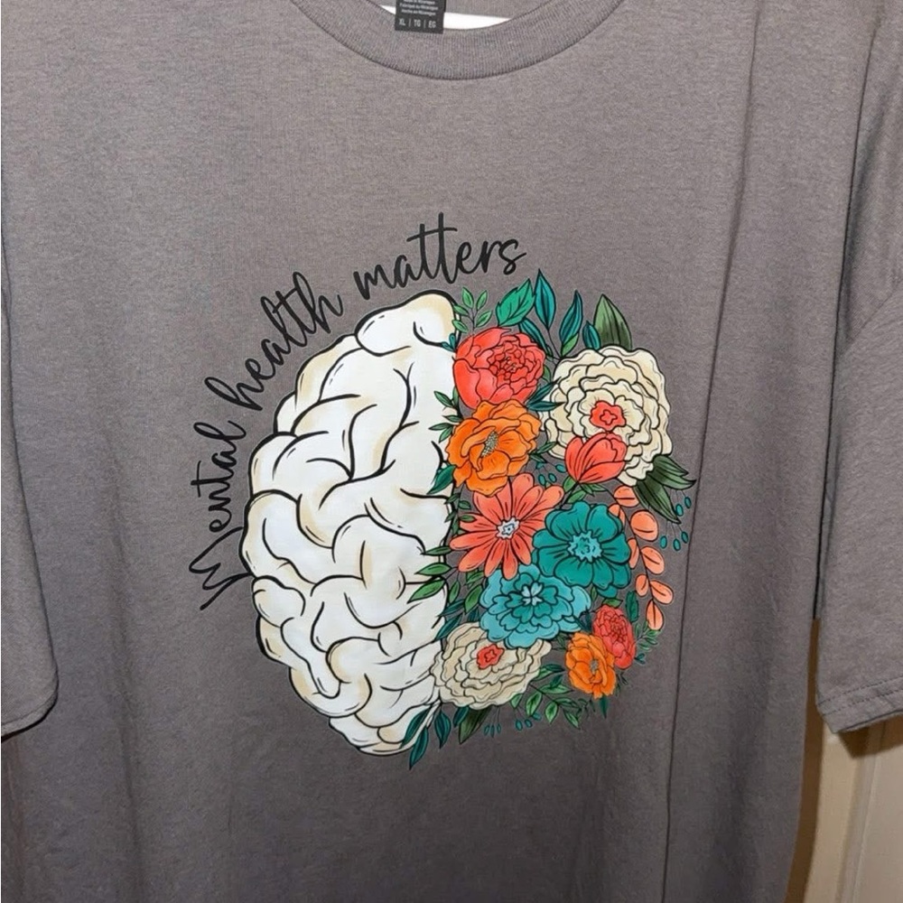 Gray T-Shirt with Brain and Floral Design